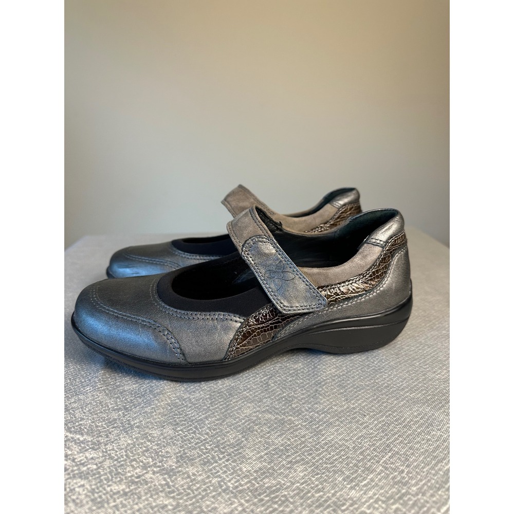 Ziera Mary Jane Comfort Shoes Gunmetal Gray Metallic Leather Crocodile Accent 38